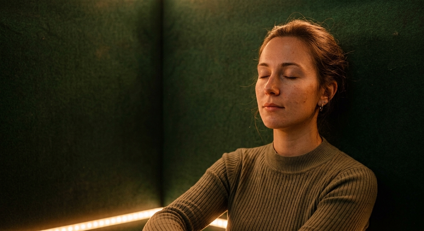 Person resting with eyes closed inside a warmly lit SensoriPod